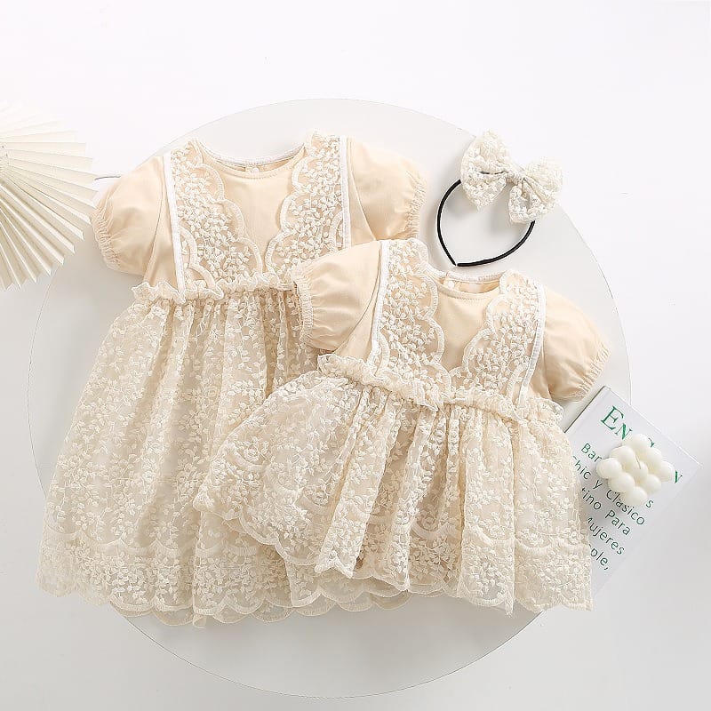 【BABY】クリームブリュレレースチュール半袖ロンパースワンピース