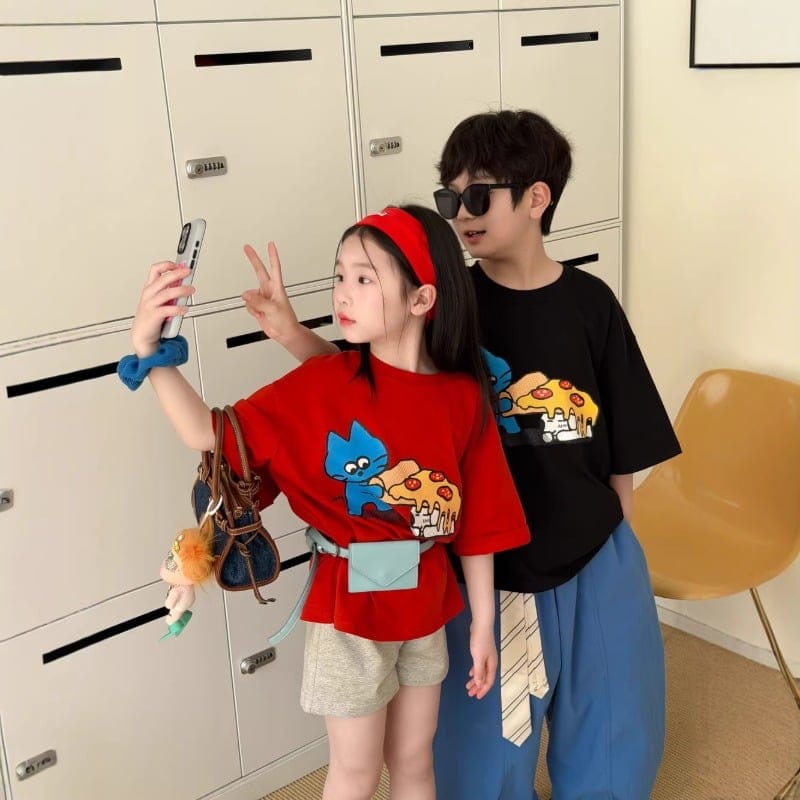 【KID】ピザキャラクタープリント半袖Tシャツ