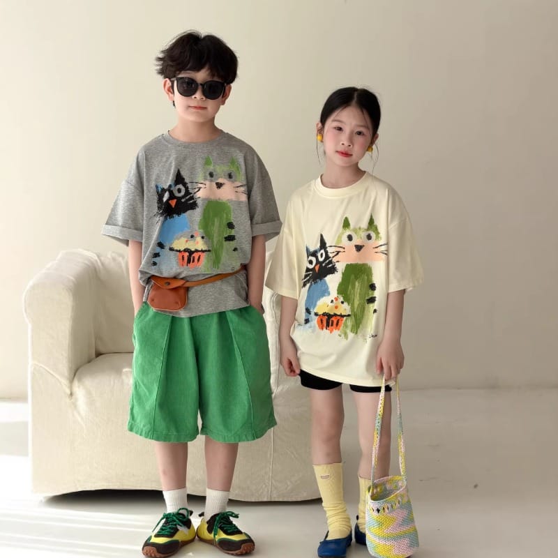 【KID】アートキャットファミリープリント半袖Tシャツ