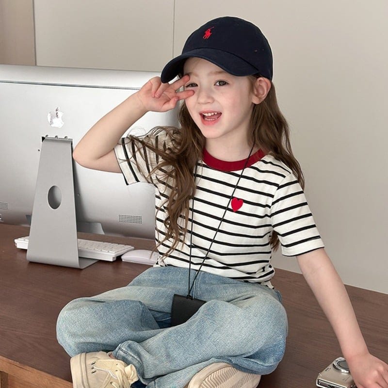 【KID】ハート刺しゅうストライプ半袖Tシャツ