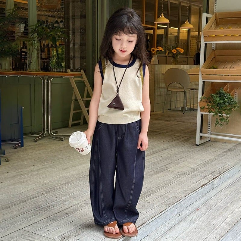 配色ノースリーブニットデニムパンツセットアップ