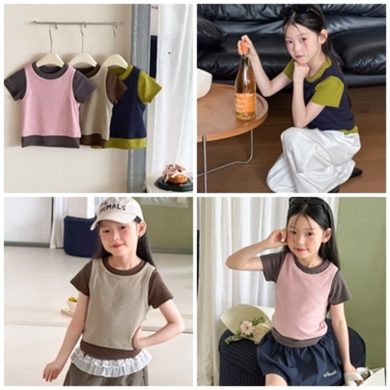 【KID】バイカラー重ね着風レイヤード半袖Tシャツ