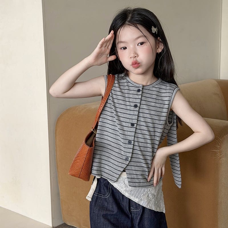 ワッフル地ストライプノースリーブTシャツ
