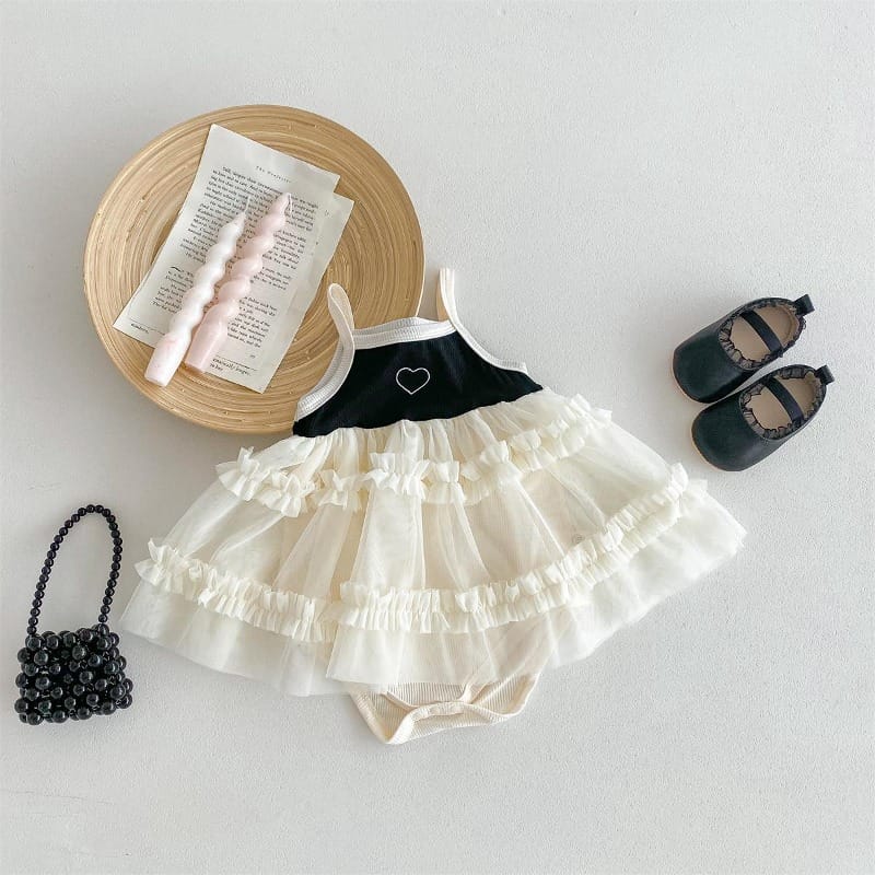 【BABY】ハート刺繍ティアードチュールワンピースロンパース