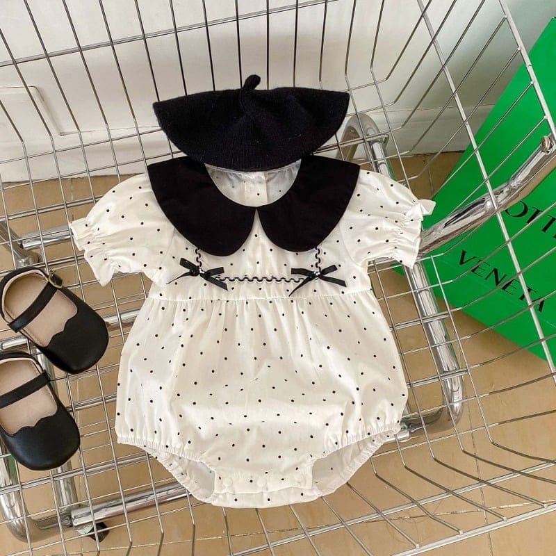 【BABY】ドットダブルリボン襟付き半袖ロンパース