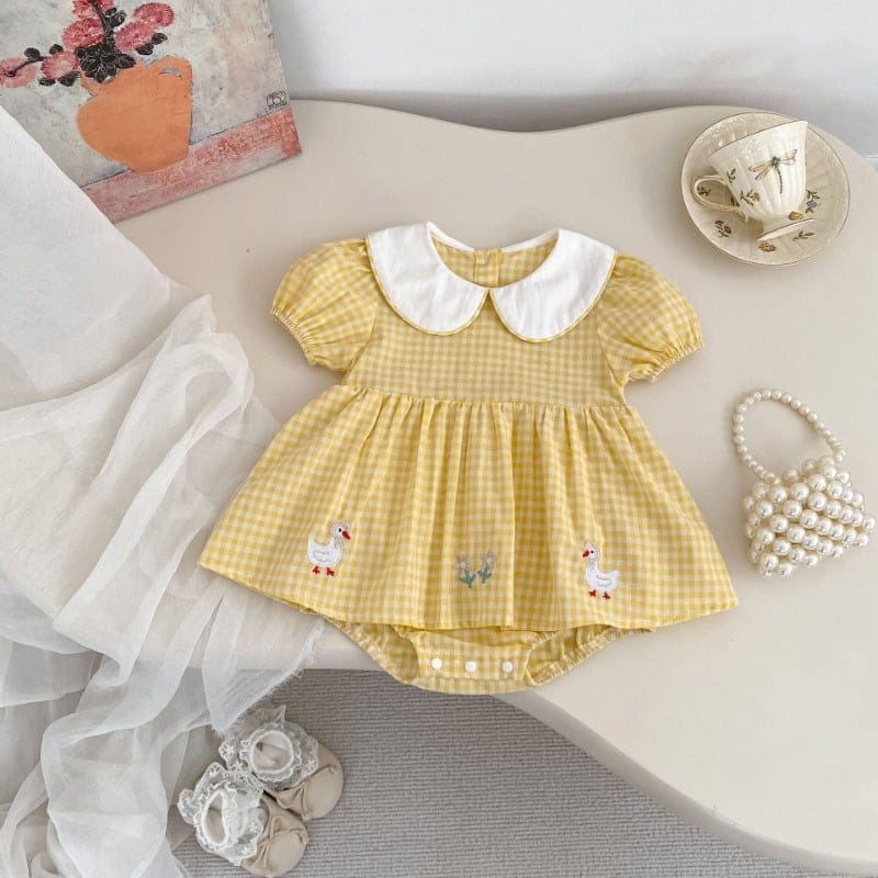 【BABY】アヒル刺繍チェック半袖襟付きロンパース