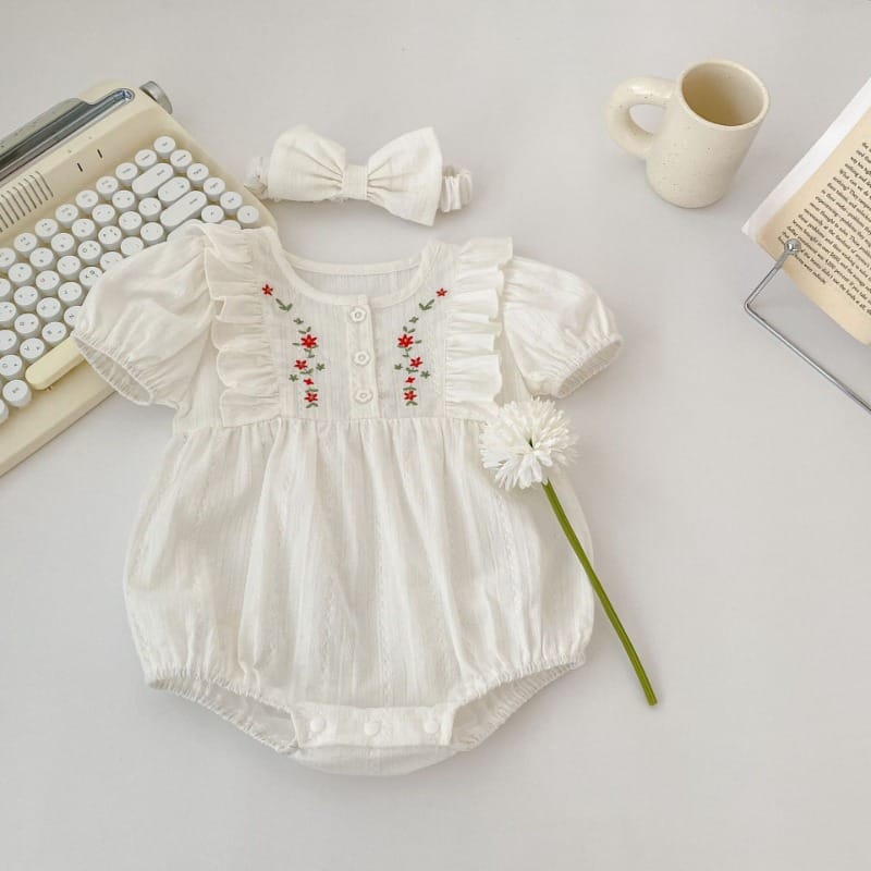 【セット】フラワー刺繍フリル半袖ロンパースヘアバンドセット