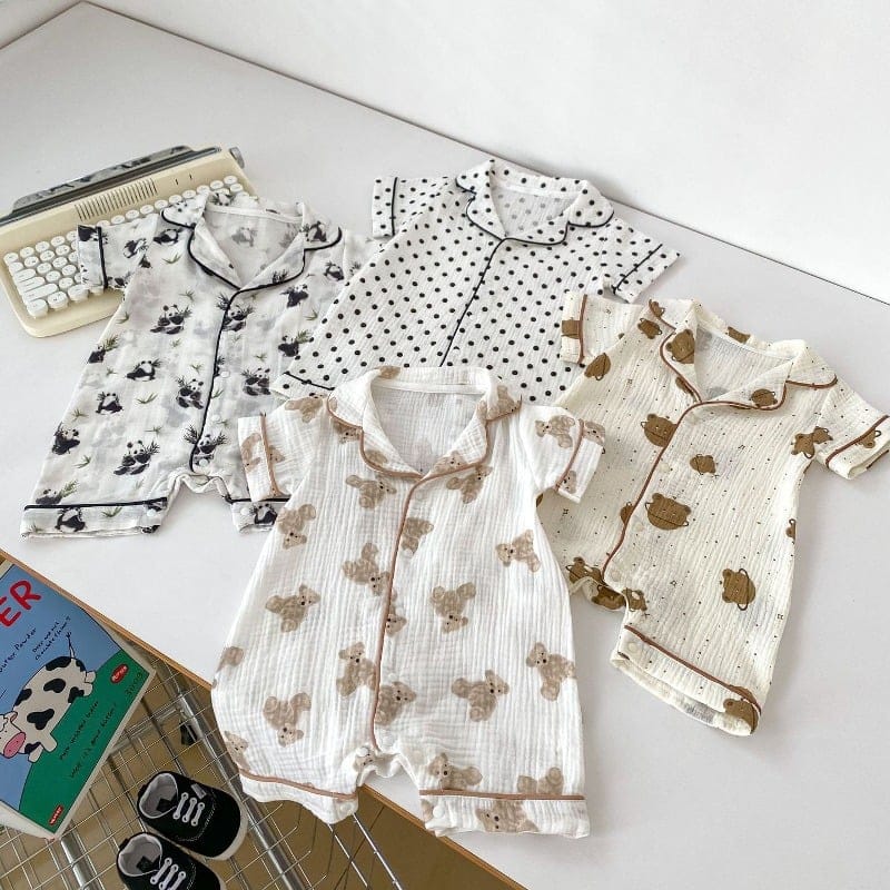 【BABY】くまパンダドット柄半袖前開きロンパース