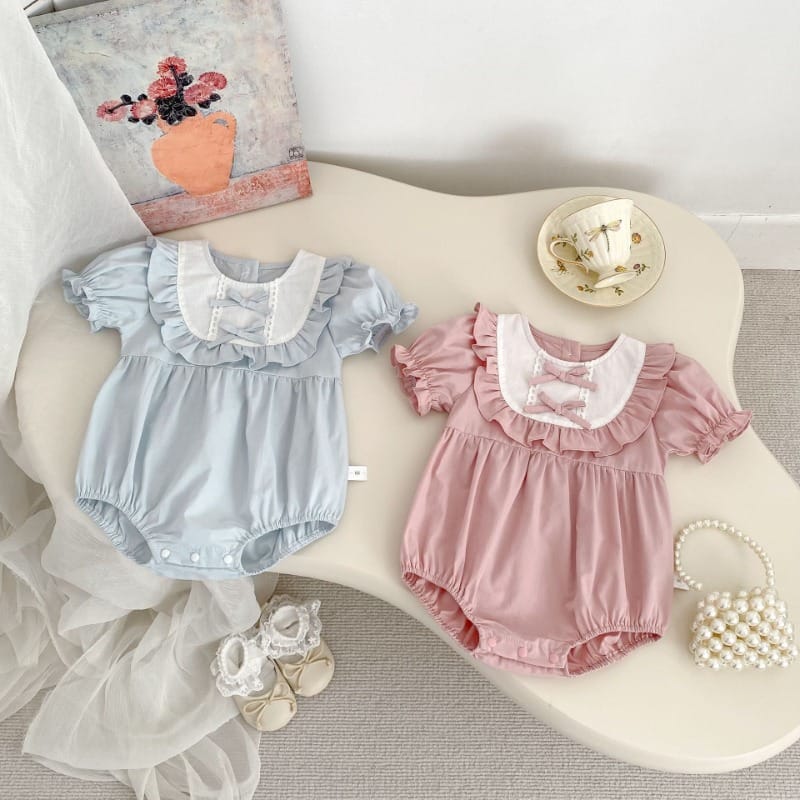 【BABY】リボンフリルパフスリーブ半袖ロンパース