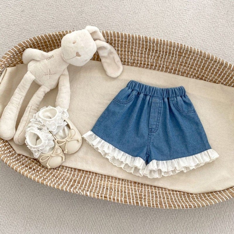 【BABY】裾フリルレースデザインデニムハーフパンツ