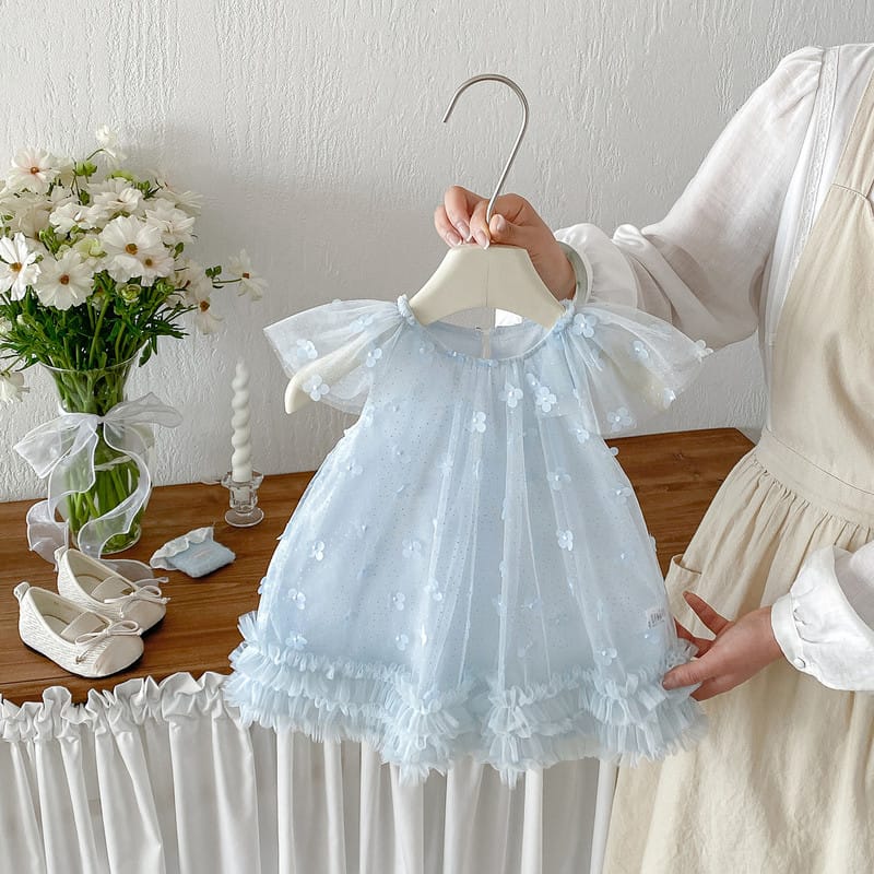 【BABY】立体フラワーチュールフリルノースリーブワンピース