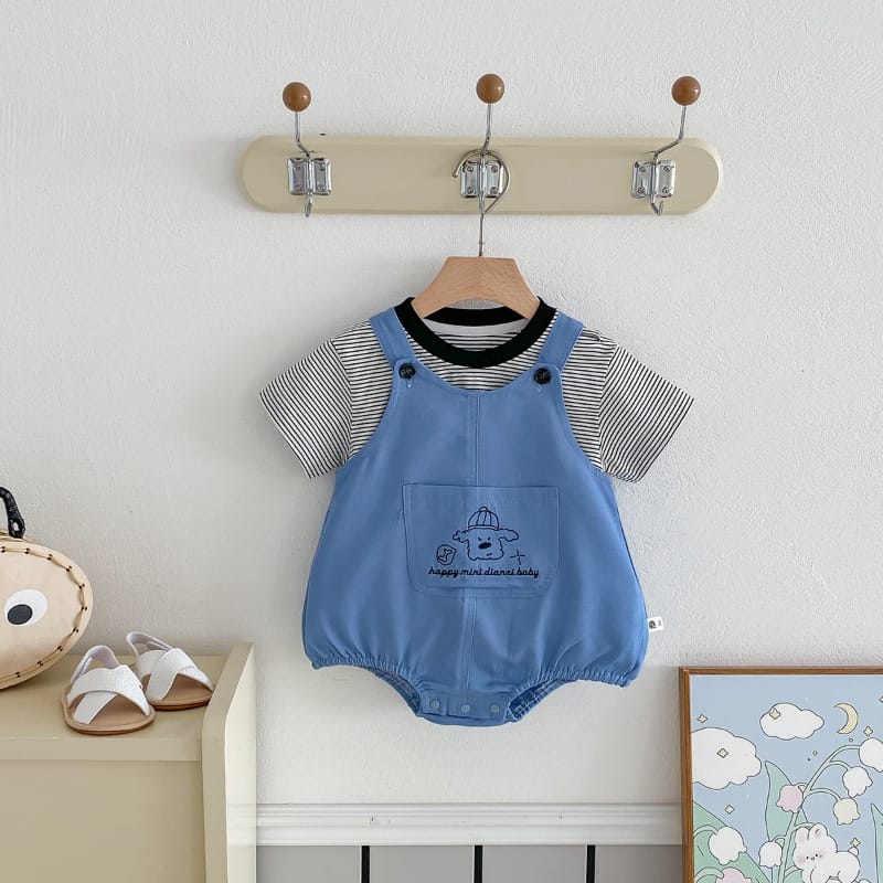 ストライプ半袖Tシャツパピーサロペットロンパースセット