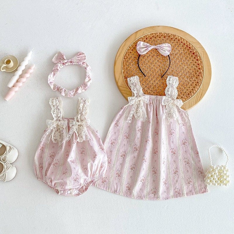 【姉妹服】小花柄レースロンパース／小花柄レースワンピース