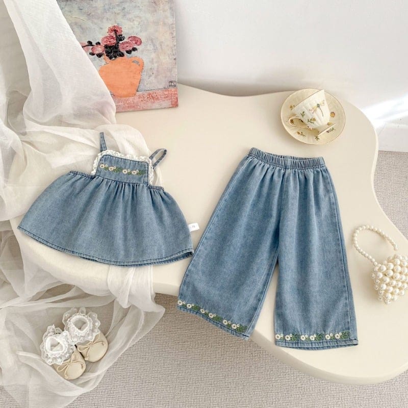 小花刺繍デニムキャミソールワイドパンツセットアップ