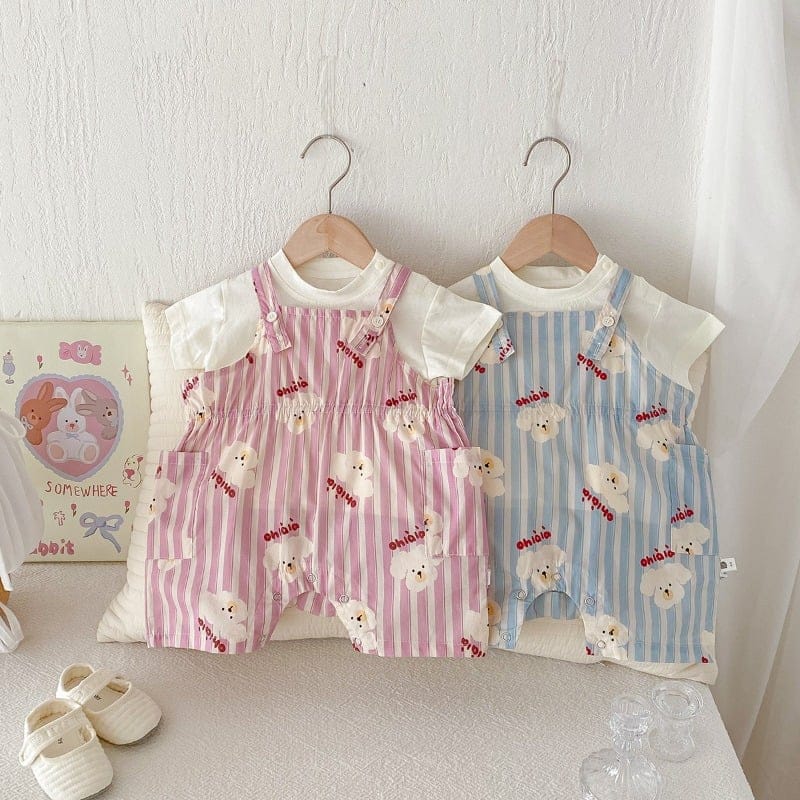 【セット】いぬプリントストライプサロペットロンパース半袖Tシャツセット