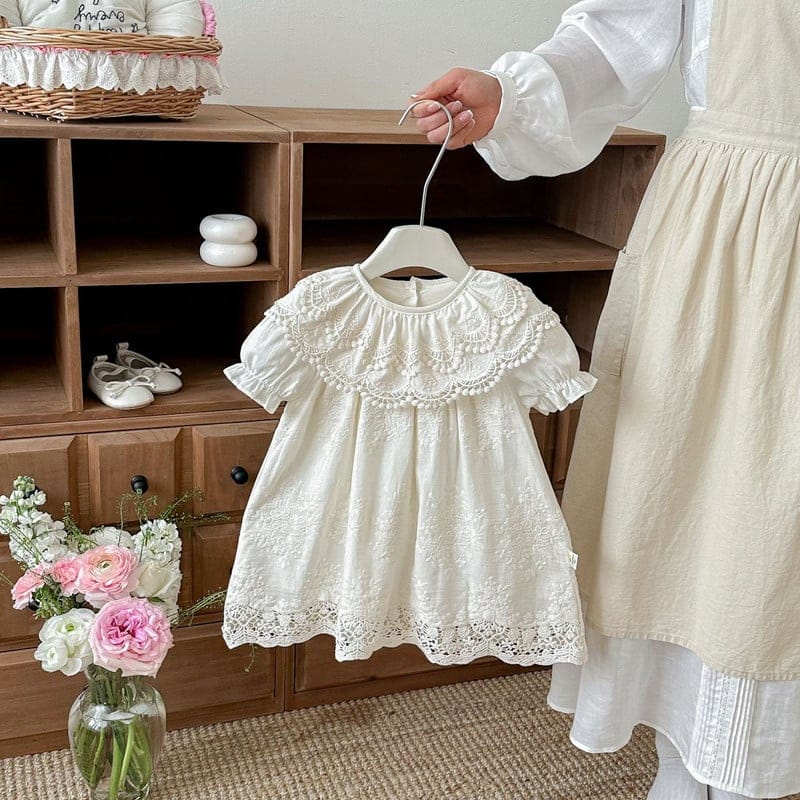 【BABY】オートクリームレースフリル刺繍半袖ワンピース