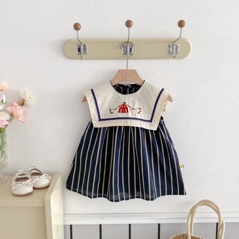 【BABY】ネイビーストライプ刺繍セーラーノースリーブワンピース