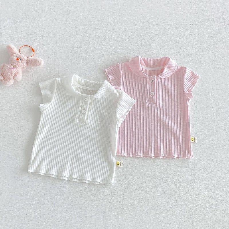 【BABY】リブ編み丸襟ボタン半袖ポロカラーTシャツ