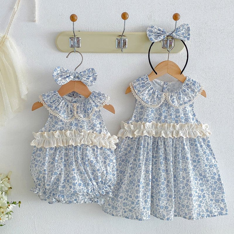 【姉妹服】ブルーフラワーロンパース／ブルーフラワーワンピース