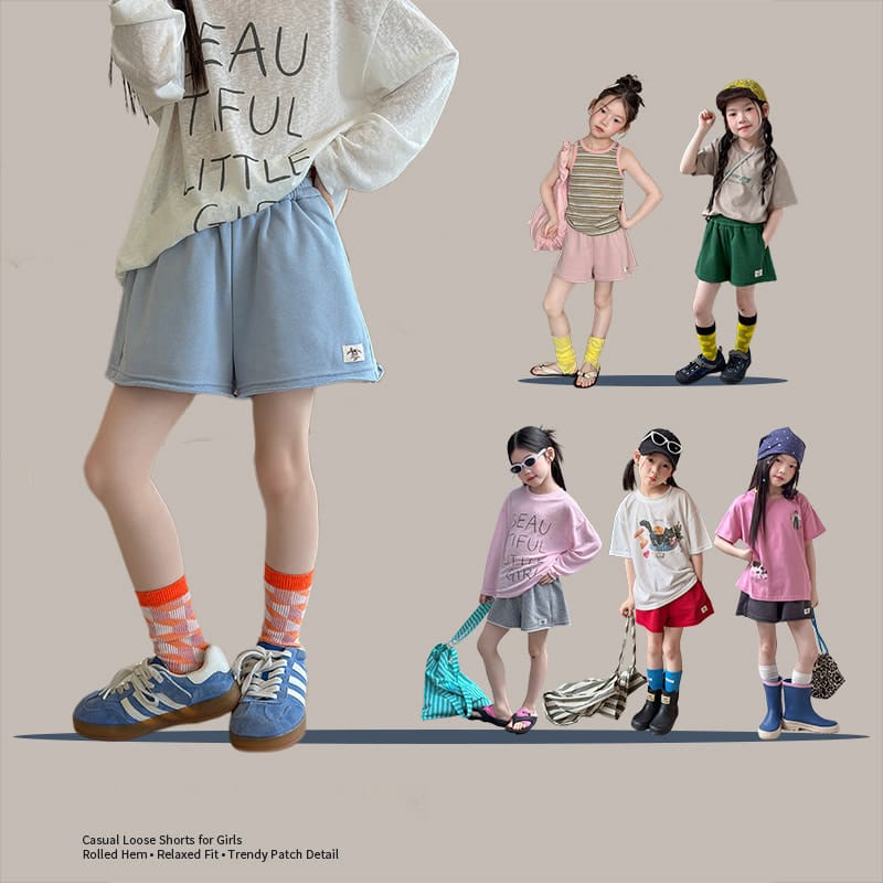 【KID】カジュアルラベル付裾ロールアップハーフパンツ