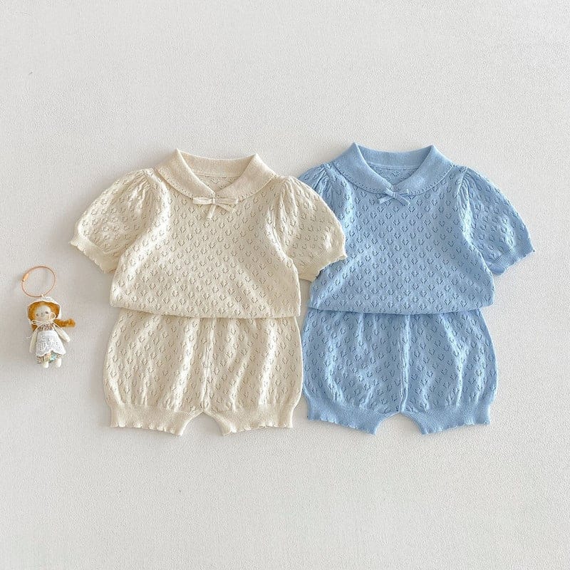 透かし編みポロ襟パフスリーブ半袖ニットTシャツ