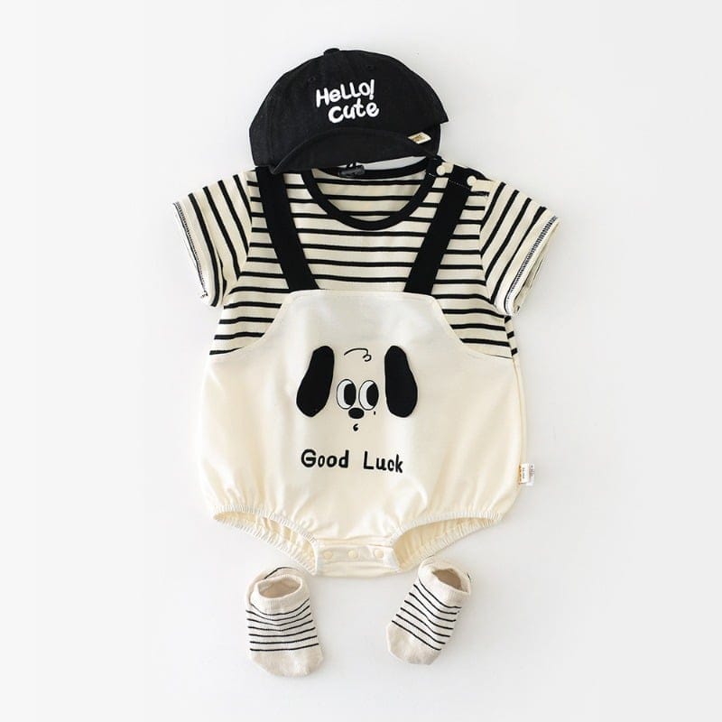 【BABY】ストライプいぬフェイスプリント半袖ロンパース