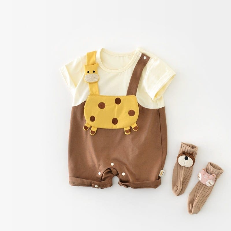 【BABY】きりんサロペット風フェイクレイヤード半袖ロンパース
