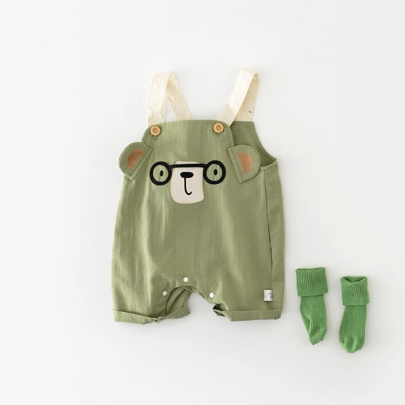 【BABY】メガネくまデザインサロペットロンパース