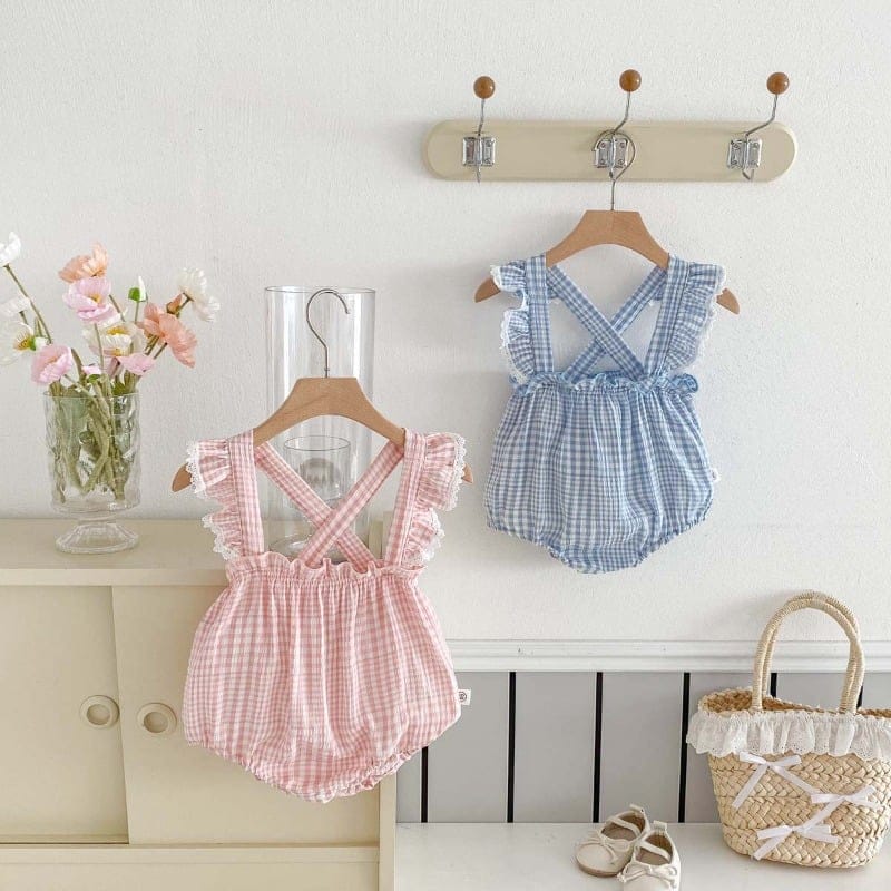 【BABY】チェックフリルサスペンダーロンパース