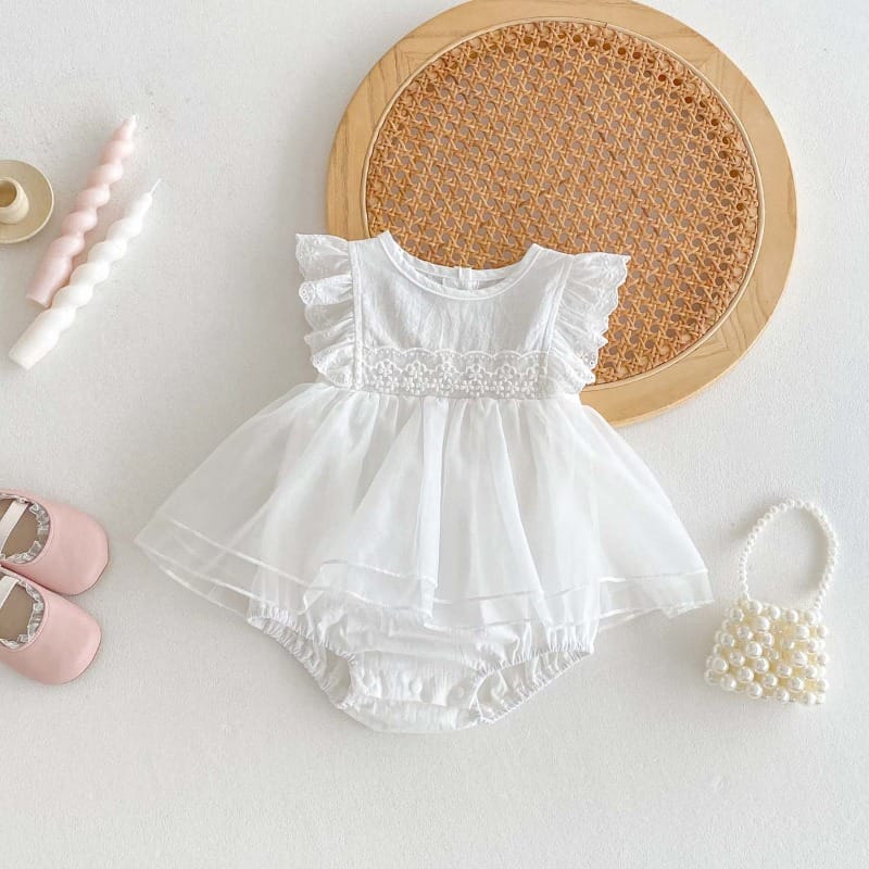 【BABY】レースチュールフリル袖ワンピースロンパース