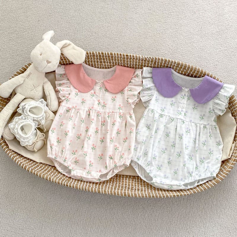 【BABY】チューリップ柄チェック襟付きフリル袖ロンパース