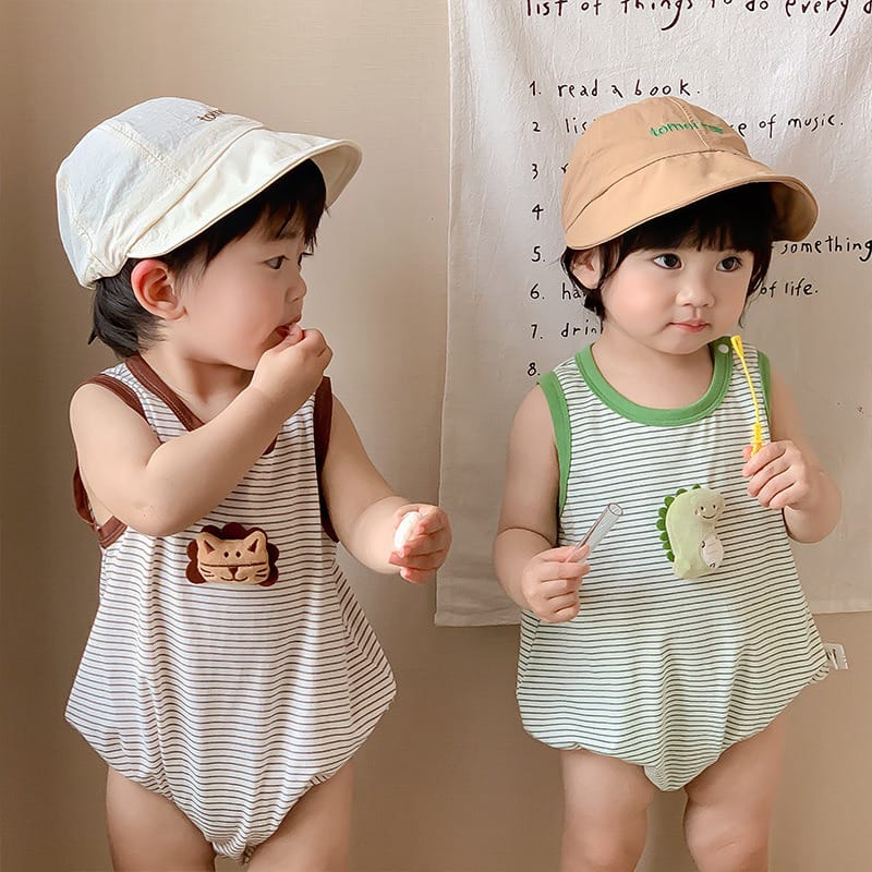 【BABY】アニマルマスコットストライプノースリーブロンパース