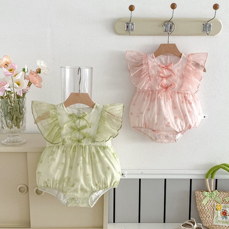 【BABY】シャシャブロッサムリボンフリル袖ロンパース