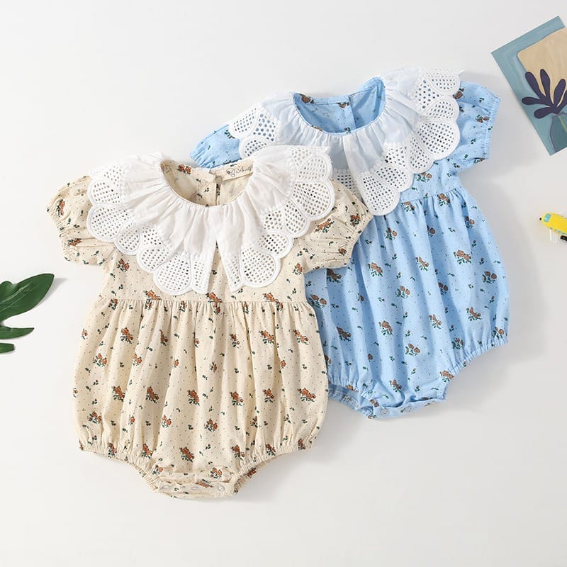 【BABY】フラワー小花柄レースフリル襟半袖ロンパース