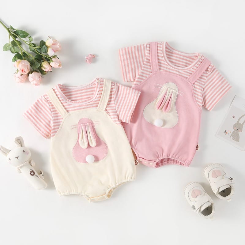 【BABY】ストライプうさぎモチーフ半袖ロンパース