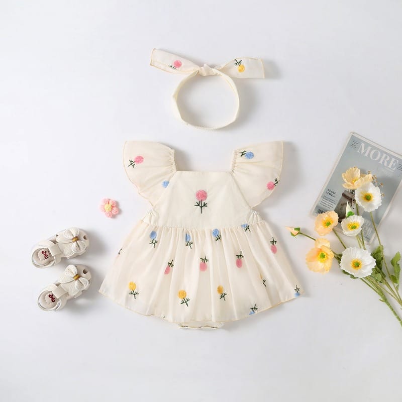【セット】フラワー刺繍ヘアバンド付き半袖ワンピースロンパースセット