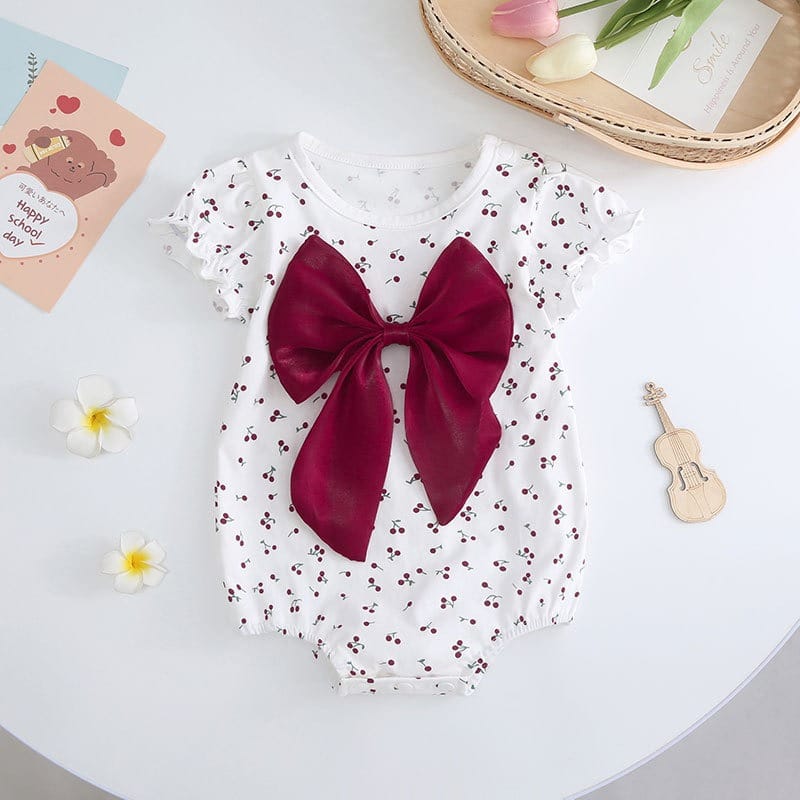 【BABY】チェリー柄ビッグリボンフリル袖半袖ロンパース