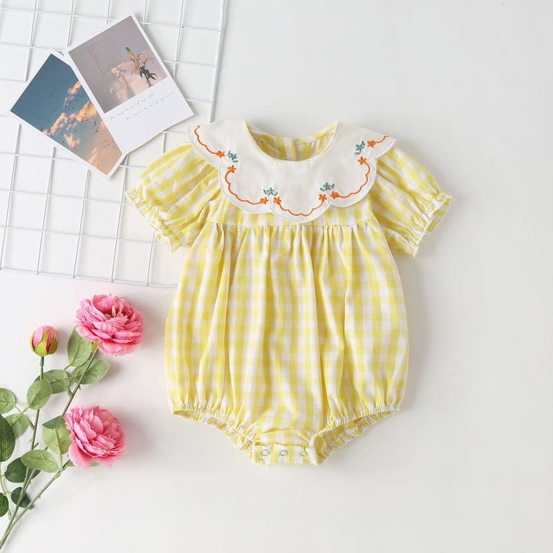 【BABY】レモナチェック柄刺繍襟パフスリーブロンパース