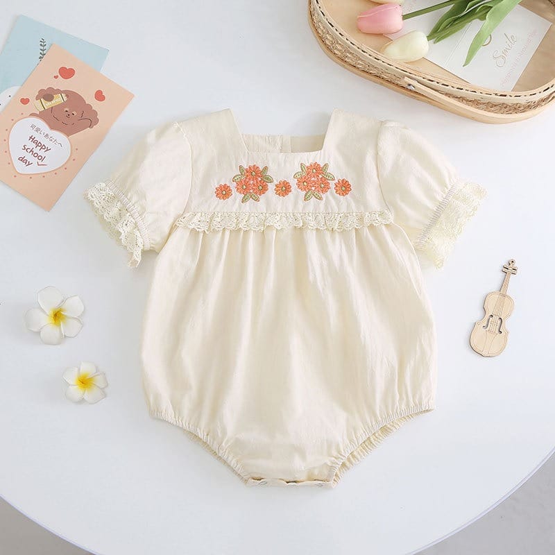 【BABY】オレンジフラワー刺繍レース半袖ロンパース