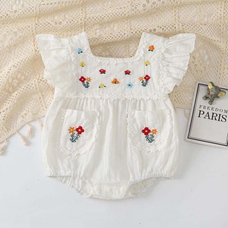 【BABY】フラワー刺繍フリルスリーブロンパース