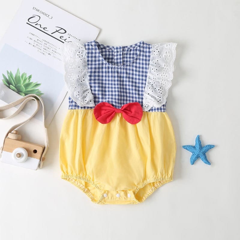 【BABY】チェックリボンフリル袖ノースリーブロンパース