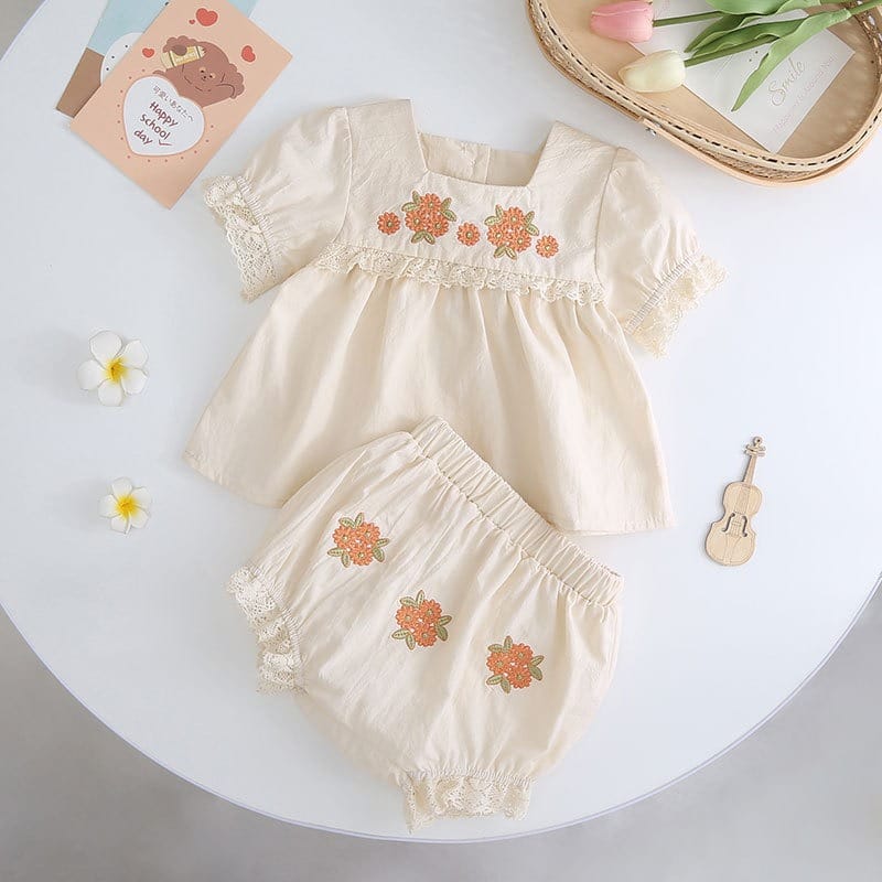 【セット】花刺繍レースブラウスパンツセットアップ