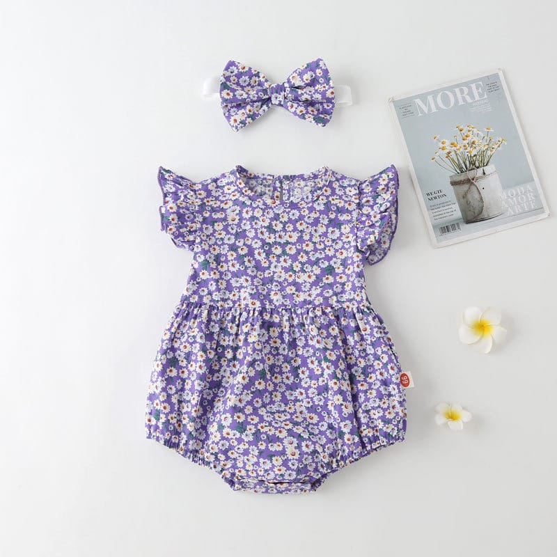【BABY】リーフパープル小花柄フリルスリーブロンパース