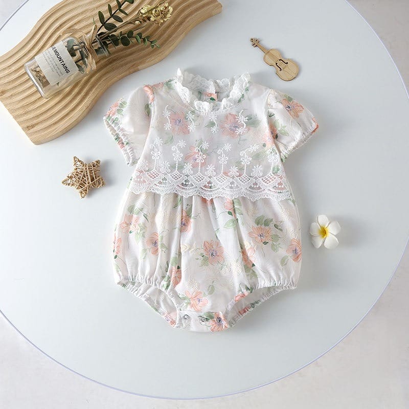 【BABY】シャーベットフラワーレース刺繍半袖ロンパース
