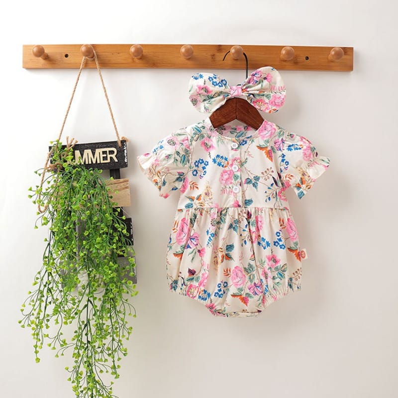 【BABY】フラワープリント前開き半袖ロンパース