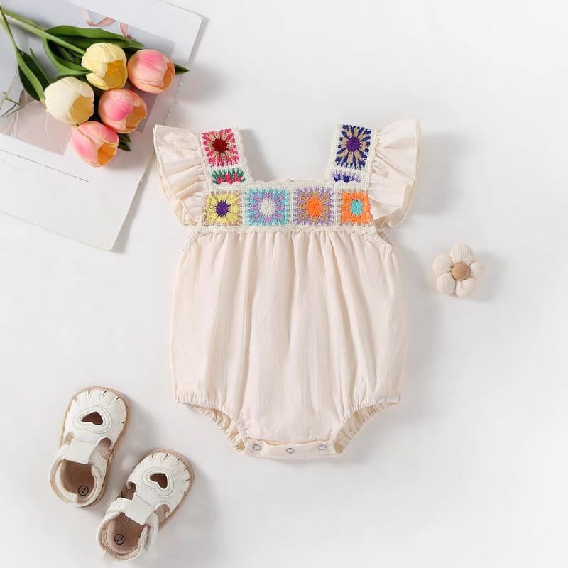 【BABY】ボヘミアンエスニック刺繍フリル袖ロンパース