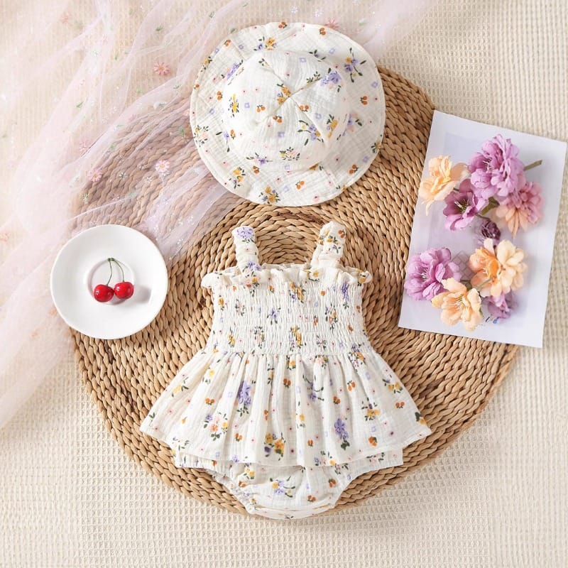 【セット】ラベンダー小花柄キャミソールロンパース帽子セット