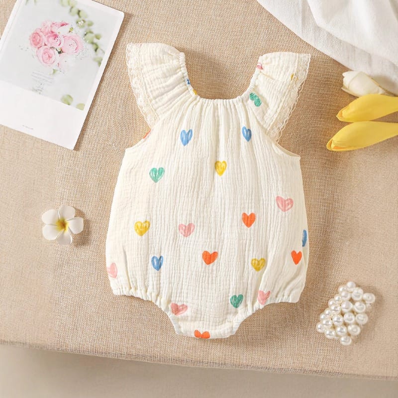 【BABY】カラフルハートフリル袖ノースリーブロンパース