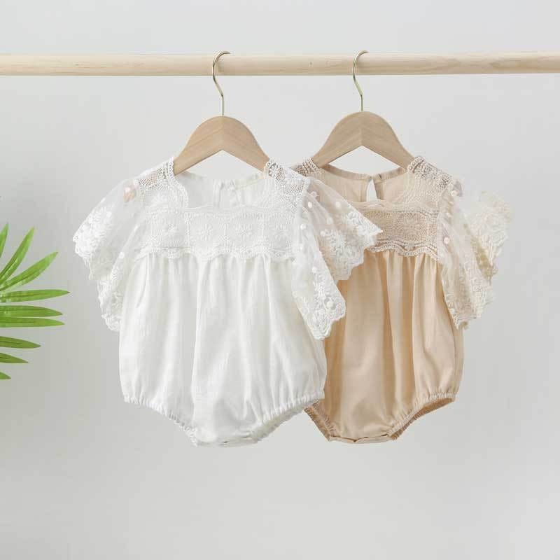 【BABY】スクエアネックレースフリル半袖ロンパース