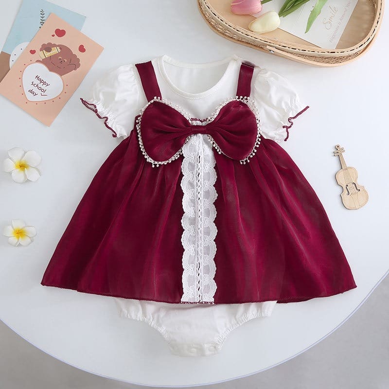 【BABY】レッドリボンレース半袖ロンパースワンピース